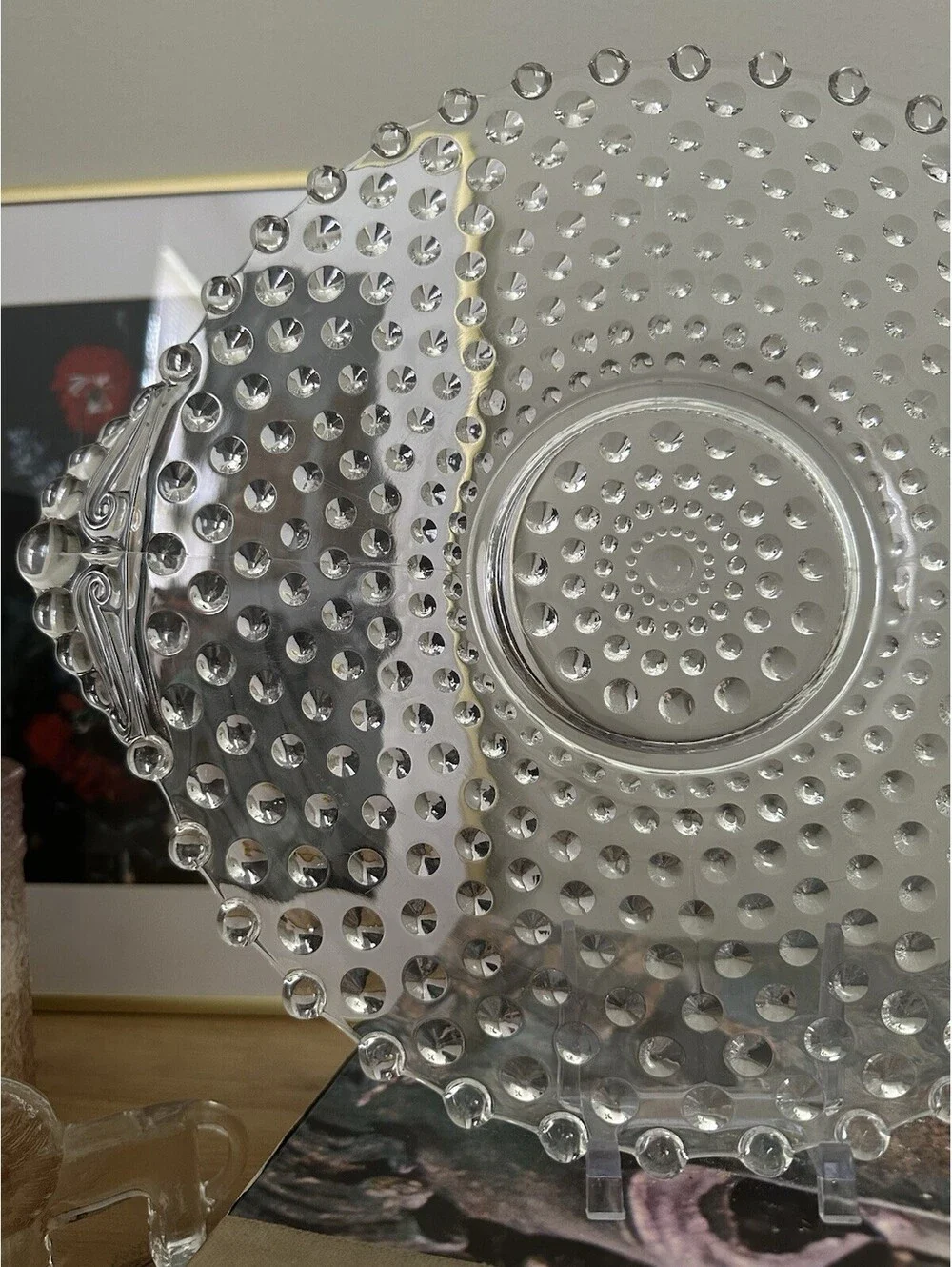 Vintage Duncan & Miller Clear Hobnail Glass Handled Cake Plate Or Serving Tray